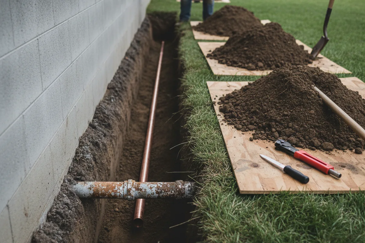 Excavated water line trench during Water Heater Repair in Sims